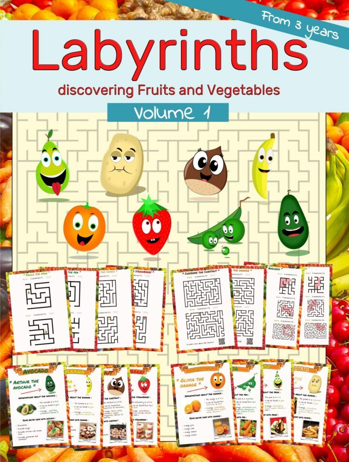 a presentation image of the front of the book containing the fruits and vegetables as well as the mazes