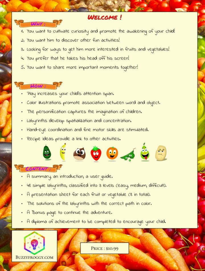 a presentation image of the back of the book containing text and fruits and vegetables