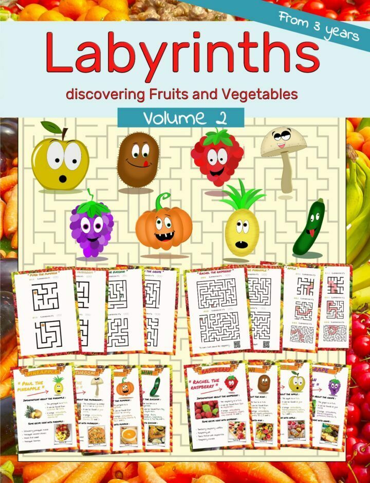 a presentation image of the front of the book containing the fruits and vegetables as well as the mazes