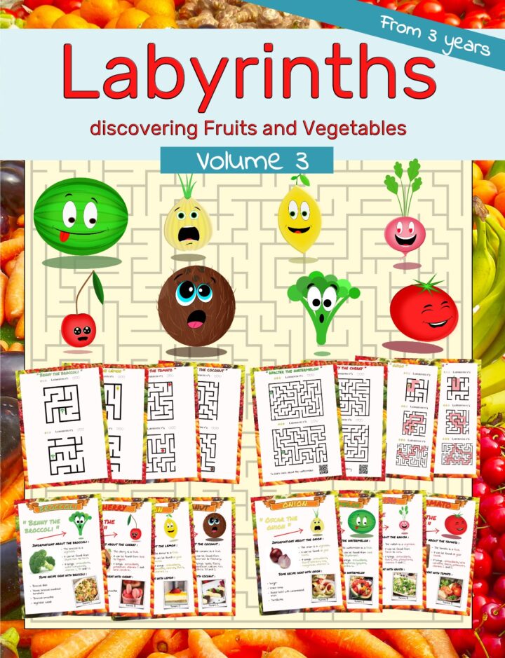 a presentation image of the front of the book containing the fruits and vegetables as well as the mazes