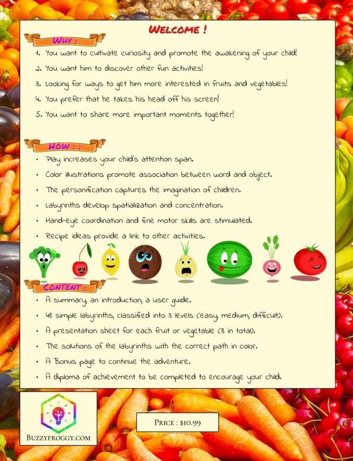 a presentation image of the back of the book containing text and fruits and vegetables