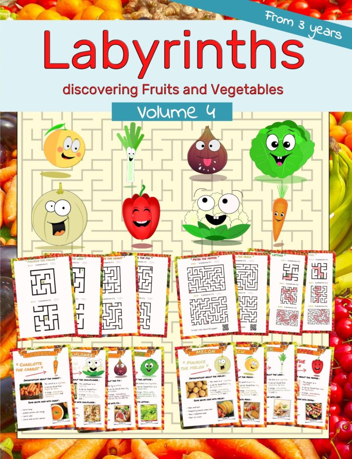 a presentation image of the front of the book containing the fruits and vegetables as well as the mazes