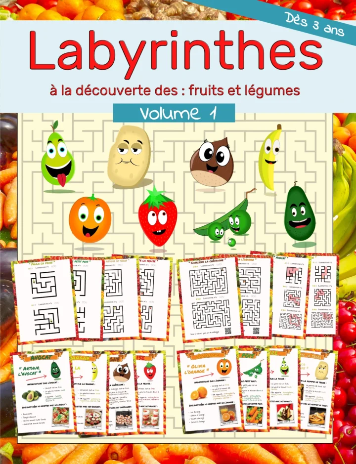 une image de présentation du recto du livre contenant les fruits et légumes ainsi que les labyrinthes