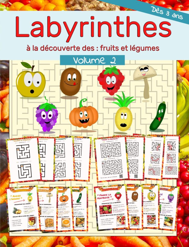 une image de présentation du recto du livre contenant les fruits et légumes ainsi que les labyrinthes