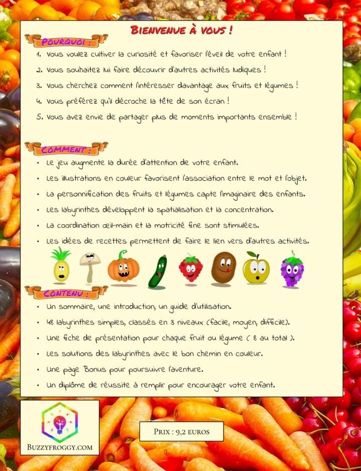 une image de présentation du verso du livre contenant du texte et les fruits et légumes