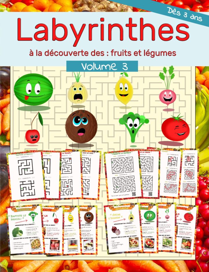 une image de présentation du recto du livre contenant les fruits et légumes ainsi que les labyrinthes