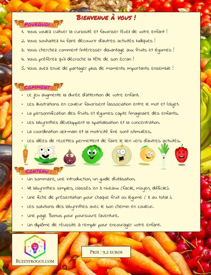 une image de présentation du verso du livre contenant du texte et les fruits et légumes